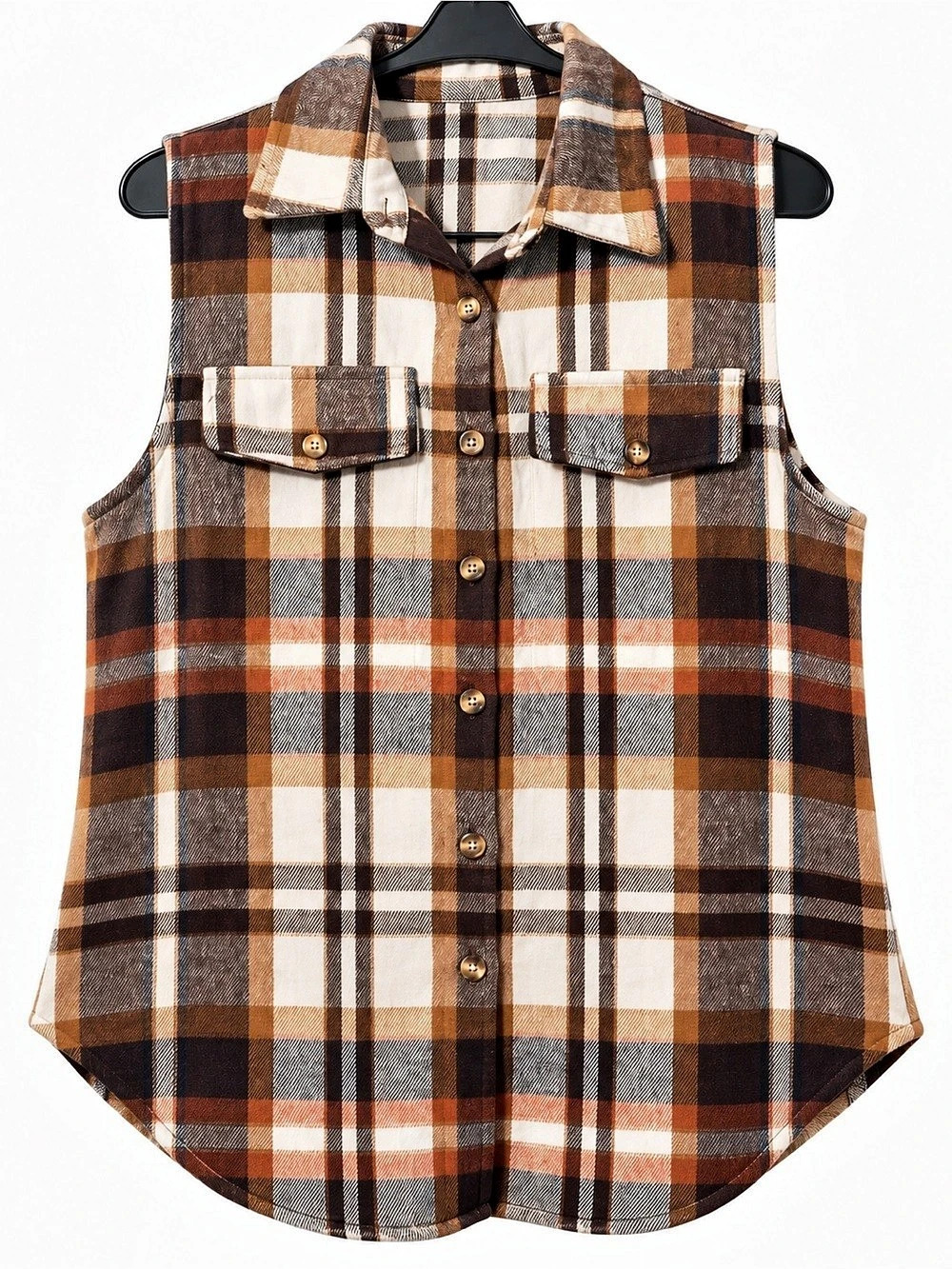 Plaid Button Front Top in Brown & White Large Like New